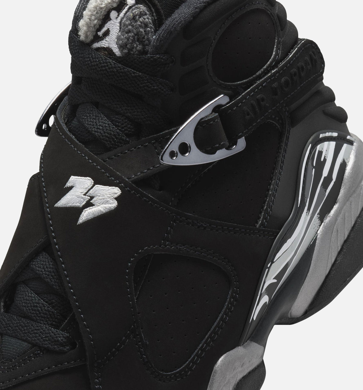 Air Jordan 8 Retro Chrome Black and Light Graphite Grade School Shoes - Black/White/Light Graphite
